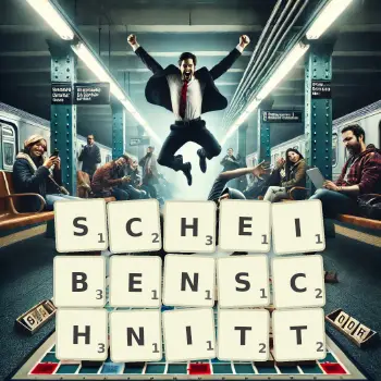 Kreative Illustration für ein Scrabble-Spiel, bei dem das Wort SCHEIBENSCHNITT mit Steinen auf dem Brett gelegt wurde.