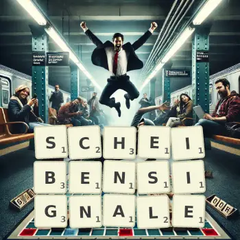 Kreative Illustration für ein Scrabble-Spiel, bei dem das Wort SCHEIBENSIGNALE mit Steinen auf dem Brett gelegt wurde.