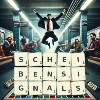 Kreative Illustration für ein Scrabble-Spiel, bei dem das Wort SCHEIBENSIGNALS mit Steinen auf dem Brett gelegt wurde.