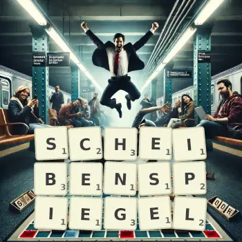 Kreative Illustration für ein Scrabble-Spiel, bei dem das Wort SCHEIBENSPIEGEL mit Steinen auf dem Brett gelegt wurde.