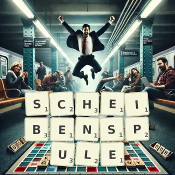 Kreative Illustration für ein Scrabble-Spiel, bei dem das Wort SCHEIBENSPULE mit Steinen auf dem Brett gelegt wurde.