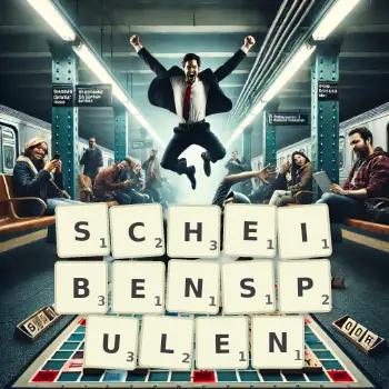 Kreative Illustration für ein Scrabble-Spiel, bei dem das Wort SCHEIBENSPULEN mit Steinen auf dem Brett gelegt wurde.
