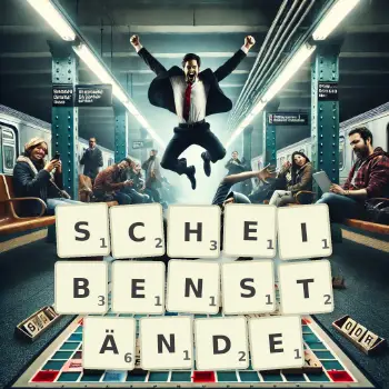 Kreative Illustration für ein Scrabble-Spiel, bei dem das Wort SCHEIBENSTÄNDE mit Steinen auf dem Brett gelegt wurde.