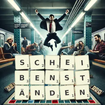 Kreative Illustration für ein Scrabble-Spiel, bei dem das Wort SCHEIBENSTÄNDEN mit Steinen auf dem Brett gelegt wurde.