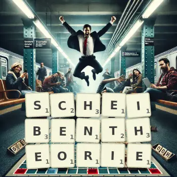 Kreative Illustration für ein Scrabble-Spiel, bei dem das Wort SCHEIBENTHEORIE mit Steinen auf dem Brett gelegt wurde.