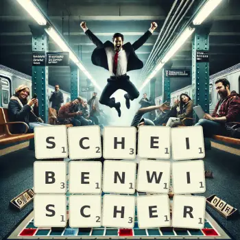 Kreative Illustration für ein Scrabble-Spiel, bei dem das Wort SCHEIBENWISCHER mit Steinen auf dem Brett gelegt wurde.