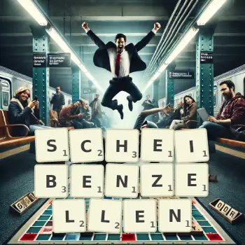 Kreative Illustration für ein Scrabble-Spiel, bei dem das Wort SCHEIBENZELLEN mit Steinen auf dem Brett gelegt wurde.