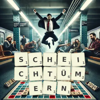 Kreative Illustration für ein Scrabble-Spiel, bei dem das Wort SCHEICHTÜMERN mit Steinen auf dem Brett gelegt wurde.