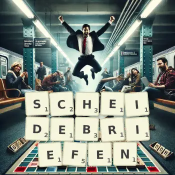 Kreative Illustration für ein Scrabble-Spiel, bei dem das Wort SCHEIDEBRIEFEN mit Steinen auf dem Brett gelegt wurde.