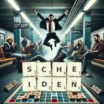 Kreative Illustration für ein Scrabble-Spiel, bei dem das Wort SCHEIDEN mit Steinen auf dem Brett gelegt wurde.