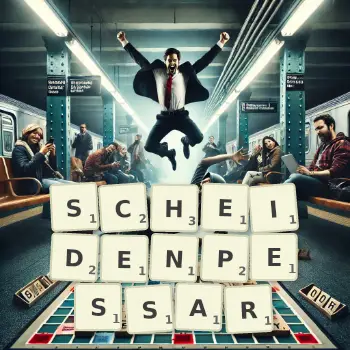 Kreative Illustration für ein Scrabble-Spiel, bei dem das Wort SCHEIDENPESSAR mit Steinen auf dem Brett gelegt wurde.