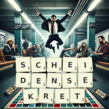 Kreative Illustration für ein Scrabble-Spiel, bei dem das Wort SCHEIDENSEKRET mit Steinen auf dem Brett gelegt wurde.