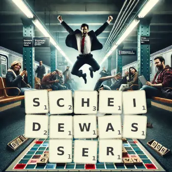 Kreative Illustration für ein Scrabble-Spiel, bei dem das Wort SCHEIDEWASSER mit Steinen auf dem Brett gelegt wurde.