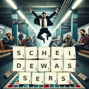 Kreative Illustration für ein Scrabble-Spiel, bei dem das Wort SCHEIDEWASSERS mit Steinen auf dem Brett gelegt wurde.