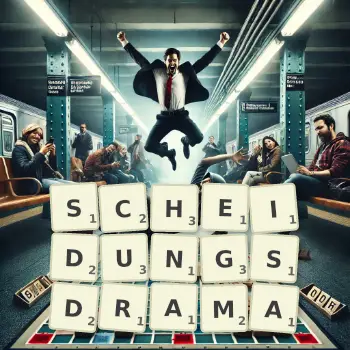 Kreative Illustration für ein Scrabble-Spiel, bei dem das Wort SCHEIDUNGSDRAMA mit Steinen auf dem Brett gelegt wurde.