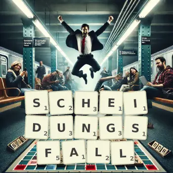 Kreative Illustration für ein Scrabble-Spiel, bei dem das Wort SCHEIDUNGSFALL mit Steinen auf dem Brett gelegt wurde.