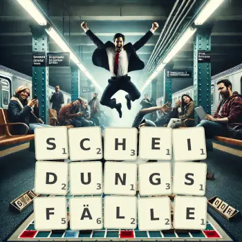 Kreative Illustration für ein Scrabble-Spiel, bei dem das Wort SCHEIDUNGSFÄLLE mit Steinen auf dem Brett gelegt wurde.