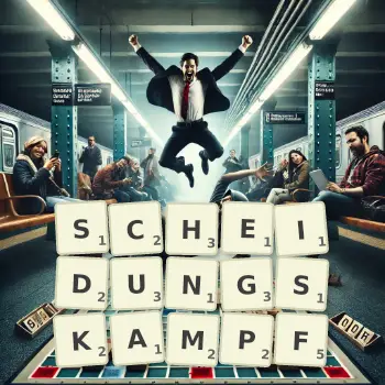 Kreative Illustration für ein Scrabble-Spiel, bei dem das Wort SCHEIDUNGSKAMPF mit Steinen auf dem Brett gelegt wurde.