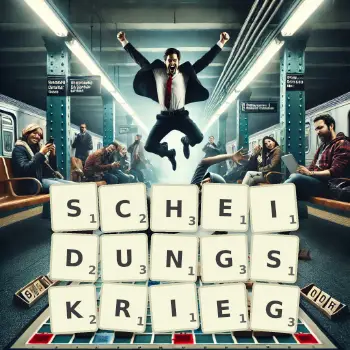 Kreative Illustration für ein Scrabble-Spiel, bei dem das Wort SCHEIDUNGSKRIEG mit Steinen auf dem Brett gelegt wurde.