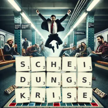 Kreative Illustration für ein Scrabble-Spiel, bei dem das Wort SCHEIDUNGSKRISE mit Steinen auf dem Brett gelegt wurde.
