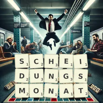Kreative Illustration für ein Scrabble-Spiel, bei dem das Wort SCHEIDUNGSMONAT mit Steinen auf dem Brett gelegt wurde.