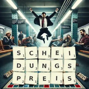 Kreative Illustration für ein Scrabble-Spiel, bei dem das Wort SCHEIDUNGSPREIS mit Steinen auf dem Brett gelegt wurde.