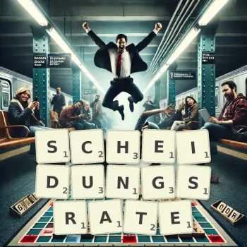 Kreative Illustration für ein Scrabble-Spiel, bei dem das Wort SCHEIDUNGSRATE mit Steinen auf dem Brett gelegt wurde.