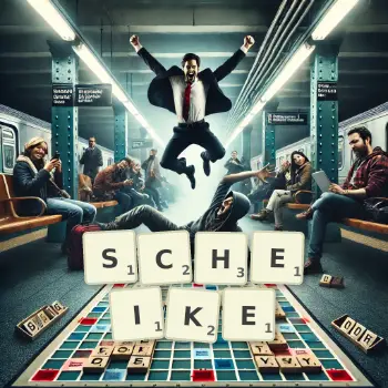 Kreative Illustration für ein Scrabble-Spiel, bei dem das Wort SCHEIKE mit Steinen auf dem Brett gelegt wurde.