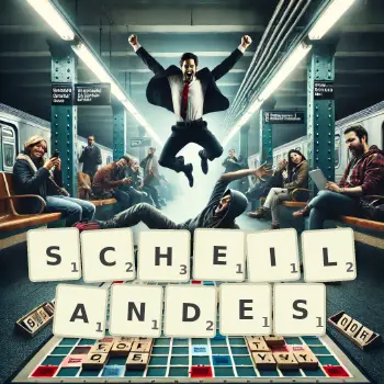 Kreative Illustration für ein Scrabble-Spiel, bei dem das Wort SCHEILANDES mit Steinen auf dem Brett gelegt wurde.