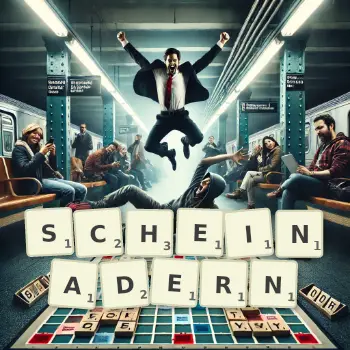 Kreative Illustration für ein Scrabble-Spiel, bei dem das Wort SCHEINADERN mit Steinen auf dem Brett gelegt wurde.