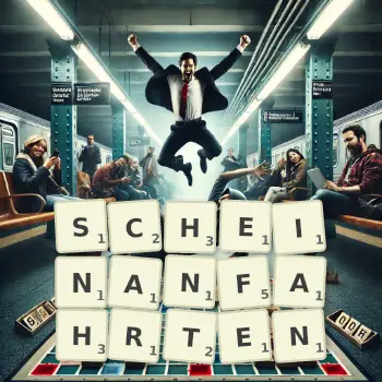 Kreative Illustration für ein Scrabble-Spiel, bei dem das Wort SCHEINANFAHRTEN mit Steinen auf dem Brett gelegt wurde.