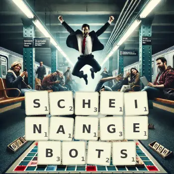 Kreative Illustration für ein Scrabble-Spiel, bei dem das Wort SCHEINANGEBOTS mit Steinen auf dem Brett gelegt wurde.