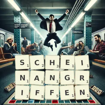 Kreative Illustration für ein Scrabble-Spiel, bei dem das Wort SCHEINANGRIFFEN mit Steinen auf dem Brett gelegt wurde.