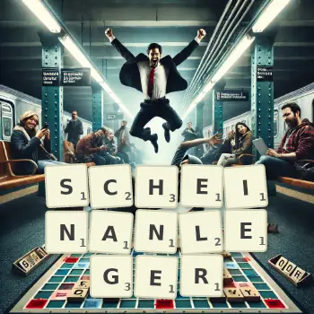 Kreative Illustration für ein Scrabble-Spiel, bei dem das Wort SCHEINANLEGER mit Steinen auf dem Brett gelegt wurde.