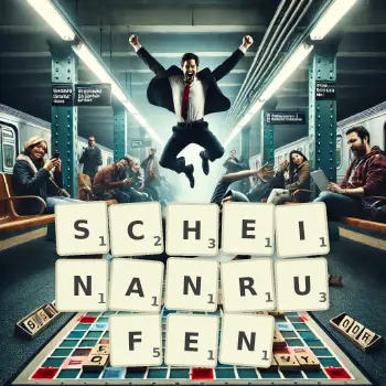 Kreative Illustration für ein Scrabble-Spiel, bei dem das Wort SCHEINANRUFEN mit Steinen auf dem Brett gelegt wurde.