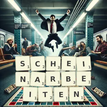 Kreative Illustration für ein Scrabble-Spiel, bei dem das Wort SCHEINARBEITEN mit Steinen auf dem Brett gelegt wurde.