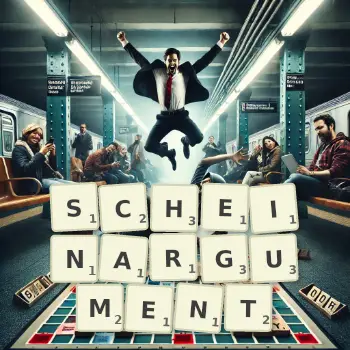 Kreative Illustration für ein Scrabble-Spiel, bei dem das Wort SCHEINARGUMENT mit Steinen auf dem Brett gelegt wurde.