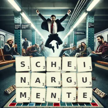 Kreative Illustration für ein Scrabble-Spiel, bei dem das Wort SCHEINARGUMENTE mit Steinen auf dem Brett gelegt wurde.