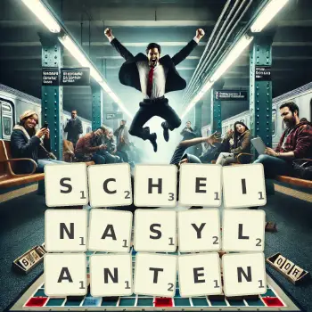 Kreative Illustration für ein Scrabble-Spiel, bei dem das Wort SCHEINASYLANTEN mit Steinen auf dem Brett gelegt wurde.