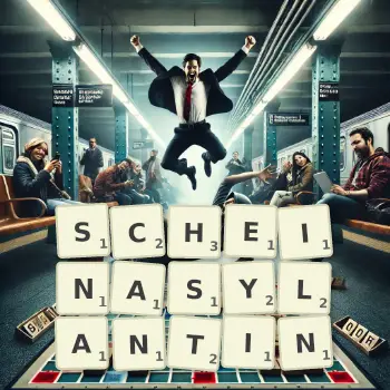Kreative Illustration für ein Scrabble-Spiel, bei dem das Wort SCHEINASYLANTIN mit Steinen auf dem Brett gelegt wurde.