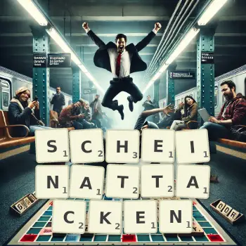 Kreative Illustration für ein Scrabble-Spiel, bei dem das Wort SCHEINATTACKEN mit Steinen auf dem Brett gelegt wurde.