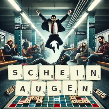 Kreative Illustration für ein Scrabble-Spiel, bei dem das Wort SCHEINAUGEN mit Steinen auf dem Brett gelegt wurde.