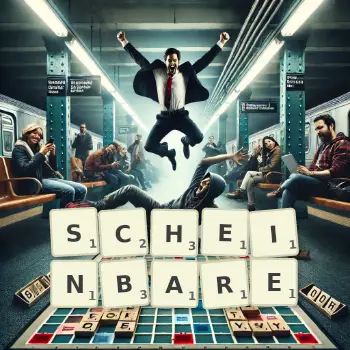 Kreative Illustration für ein Scrabble-Spiel, bei dem das Wort SCHEINBARE mit Steinen auf dem Brett gelegt wurde.