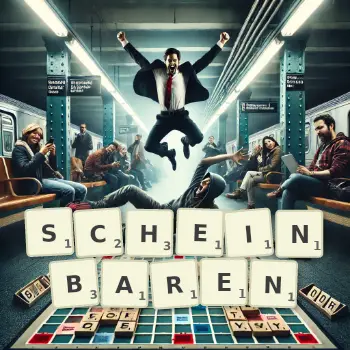 Kreative Illustration für ein Scrabble-Spiel, bei dem das Wort SCHEINBAREN mit Steinen auf dem Brett gelegt wurde.