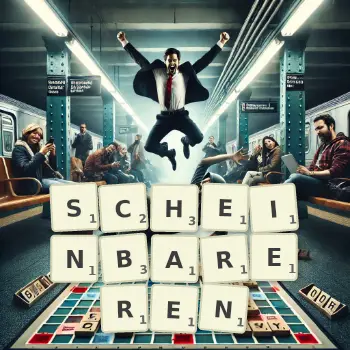 Kreative Illustration für ein Scrabble-Spiel, bei dem das Wort SCHEINBAREREN mit Steinen auf dem Brett gelegt wurde.