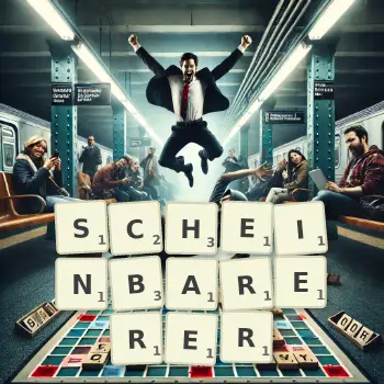 Kreative Illustration für ein Scrabble-Spiel, bei dem das Wort SCHEINBARERER mit Steinen auf dem Brett gelegt wurde.