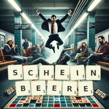 Kreative Illustration für ein Scrabble-Spiel, bei dem das Wort SCHEINBEERE mit Steinen auf dem Brett gelegt wurde.