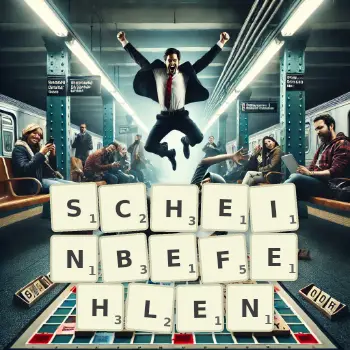 Kreative Illustration für ein Scrabble-Spiel, bei dem das Wort SCHEINBEFEHLEN mit Steinen auf dem Brett gelegt wurde.