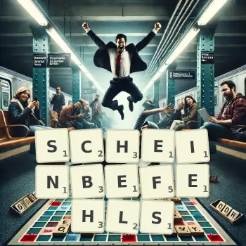 Kreative Illustration für ein Scrabble-Spiel, bei dem das Wort SCHEINBEFEHLS mit Steinen auf dem Brett gelegt wurde.