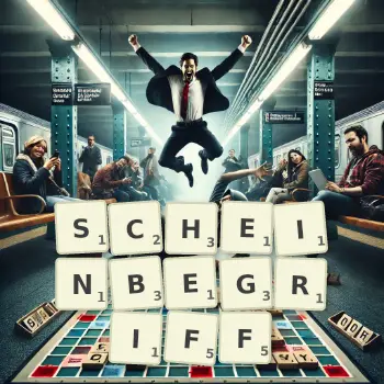 Kreative Illustration für ein Scrabble-Spiel, bei dem das Wort SCHEINBEGRIFF mit Steinen auf dem Brett gelegt wurde.